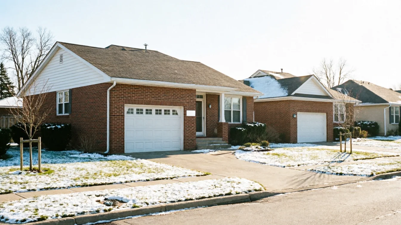 A row of brick houses with white garage doors and snow on the ground.