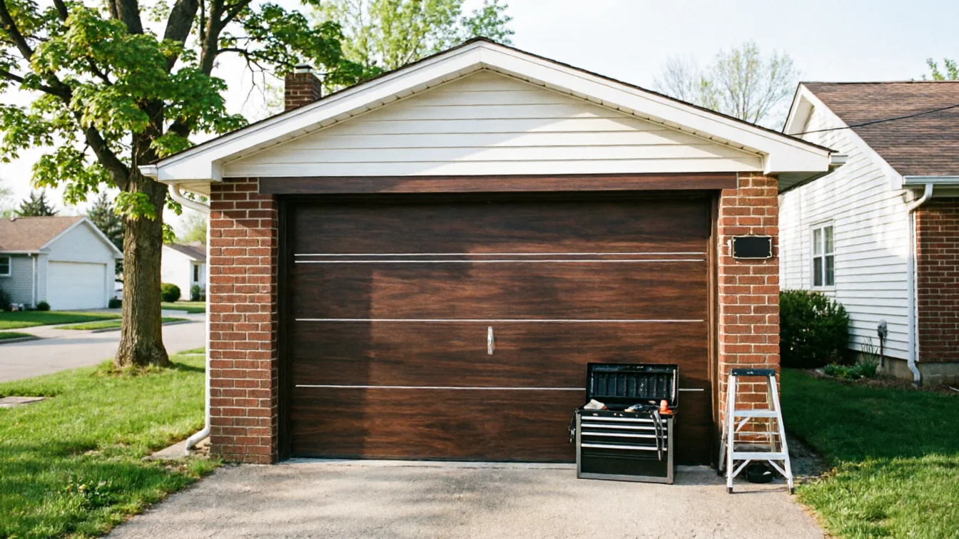 A brown garage door with a toolbox and a ladder in front of it.