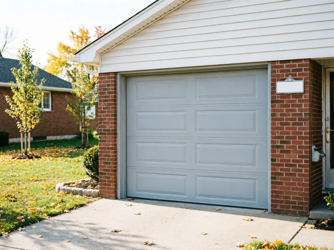 A light gray garage door is closed on a brick house with white siding.