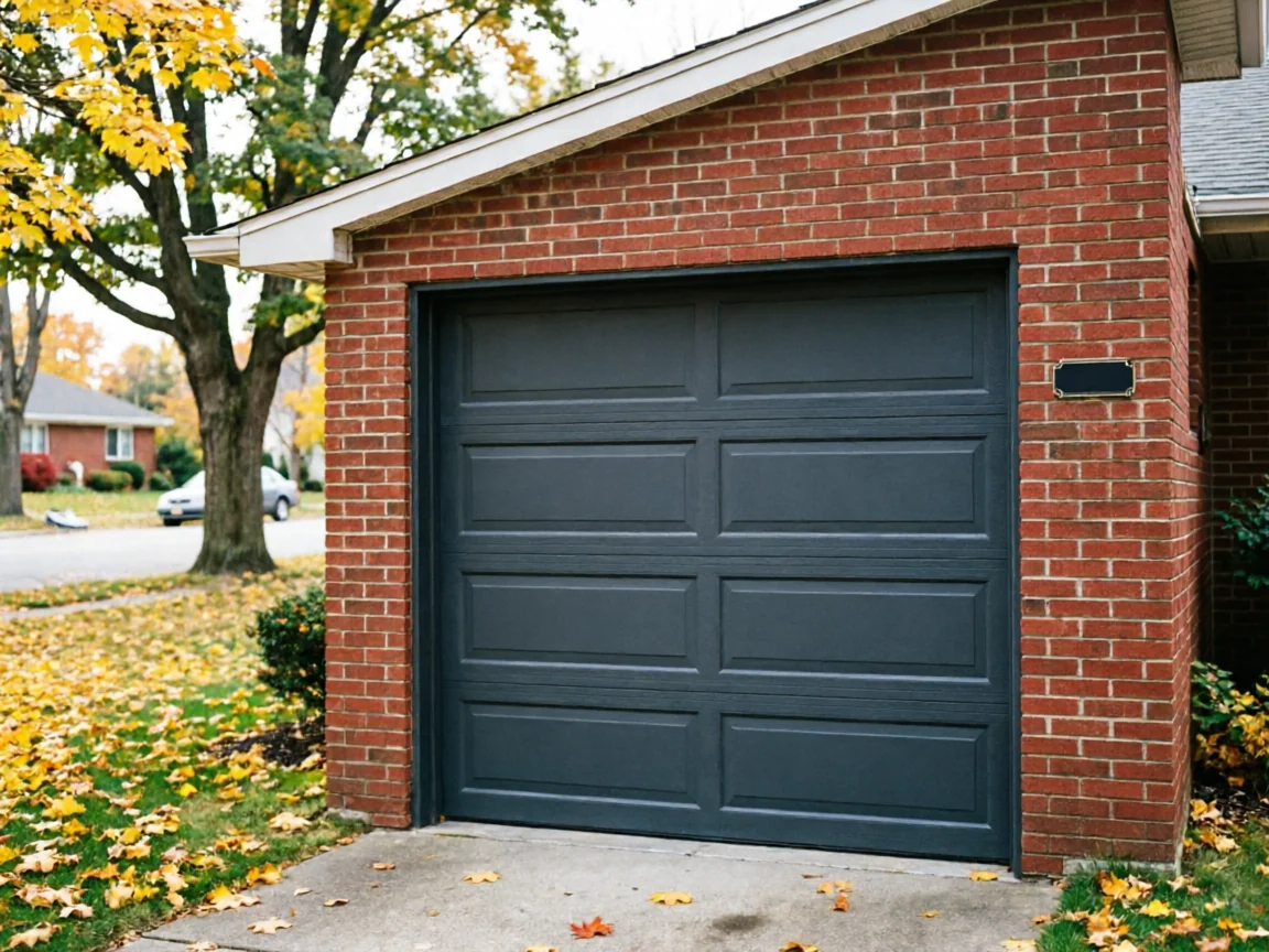 A dark gray garage door is set into a red brick house.